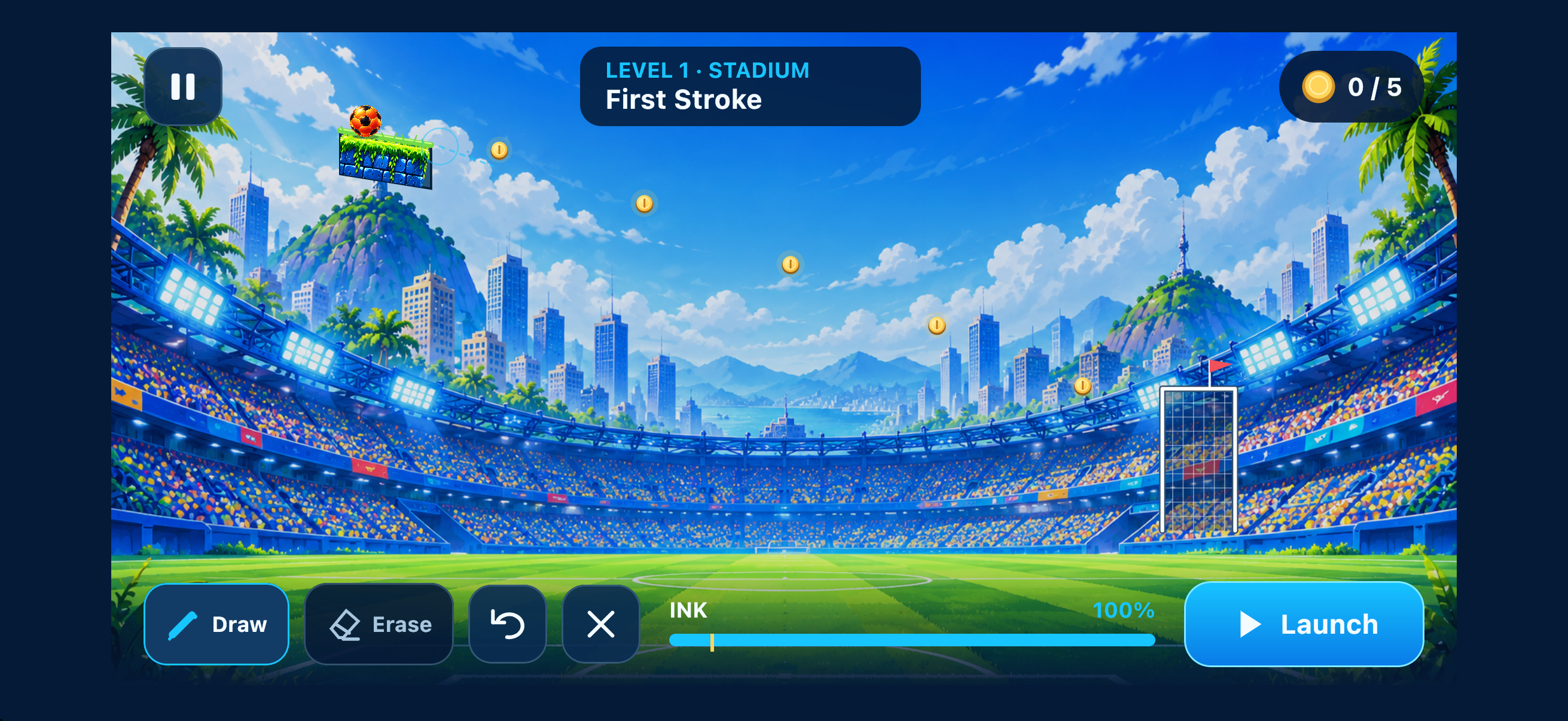 Goal Route landscape gameplay: a football, coins, a goal and drawing controls